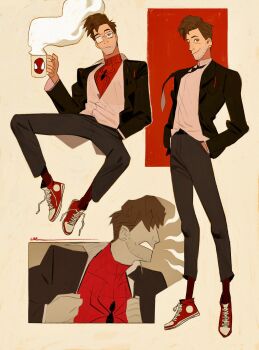 Rule 34 | 1boy, :/, absurdres, bespectacled, black jacket, black necktie, black pants, black socks, bodysuit, brown eyes, brown hair, clenched teeth, closed mouth, coffee mug, collared shirt, converse, covered eyes, cropped torso, cup, dingnin98201637, glasses, hands in pockets, hashtag-only commentary, highres, holding, holding cup, invisible chair, jacket, looking at viewer, looking to the side, male focus, marvel, mug, multiple views, necktie, open clothes, open jacket, pants, partially open shirt, peter b parker, red bodysuit, red shoes, shirt, shoelaces, shoes, short hair, sideways glance, sitting, smile, socks, spider-man, spider-man: across the spider-verse, spider-man (series), spider-verse, steam, teeth, white shirt, wing collar