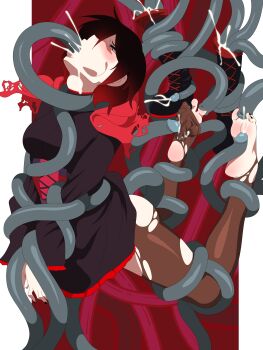 1girl absurdres black_dress black_nails black_toenails blush boots bound cum cum_in_clothes cum_in_footwear cum_in_mouth cum_on_body cum_on_feet deepthroat dress eyelashes fellatio female_focus held_up highres meteorreb0rn multicolored_hair nail_polish no_shoes oral pantyhose penis_tentacles red_hair restrained ruby_rose rwby soles tentacle_sex tentacles toe_sucking toenail_polish toenails toes torn_clothes torn_pantyhose two-tone_hair unworn_boots