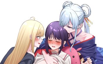 Rule 34 | 3girls, bare shoulders, blonde hair, blue eyes, blush, cho kaguya-hime!, closed eyes, closed mouth, clothes lift, commentary request, drooling, fff threesome, girl sandwich, grabbing another's breast, grabbing from behind, groping, group sex, hair rings, japanese clothes, kaguya (cho kaguya-hime!), kimono, kurokawa rikuu, mole, mole under eye, multiple girls, off shoulder, open mouth, out-of-frame censoring, paid reward available, purple hair, purple kimono, red eyes, runami yachiyo, sakayori iroha, sandwiched, school uniform, serafuku, shirt lift, simple background, smile, threesome, twintails, white background, white hair, yuri