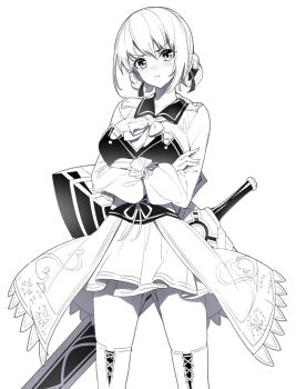 >:( 1girl blush braid breasts closed_mouth collared_dress crossed_arms dress duvalie eiyuu_densetsu falcom female_focus fingernails frown greyscale hair_between_eyes hair_ribbon head_tilt long_sleeves looking_at_viewer medium_breasts monochrome pleated_skirt puffy_long_sleeves puffy_sleeves ribbon ririko_(zhuoyandesailaer) sen_no_kiseki sen_no_kiseki_(series) sen_no_kiseki_i sen_no_kiseki_iv simple_background skirt solo sword sword_on_back thighhighs v-shaped_eyebrows weapon weapon_on_back white_background