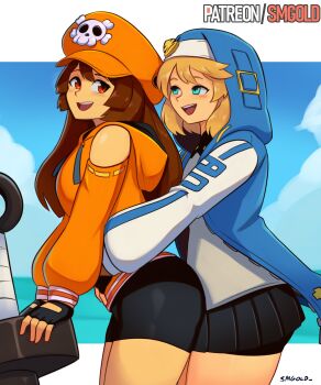 1boy 1girl :d absurdres anchor aqua_eyes artist_name bike_shorts black_skirt blonde_hair blue_jacket bridget_(guilty_gear) brown_hair commentary cowboy_shot drawstring english_commentary guilty_gear guilty_gear_strive hat highres hood hood_down hooded_jacket jacket long_hair long_sleeves looking_at_another looking_back may_(guilty_gear) medium_hair newsboy_cap open_mouth orange_hat patreon_username pleated_skirt puffy_sleeves red_eyes skirt smgold smile thighs trap