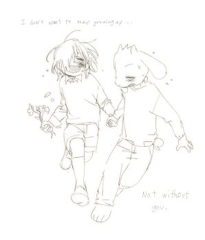 1boy 1other absurdres animal_ears asriel_dreemurr chara_(undertale) closed_eyes commentary english_commentary english_text flower goat_boy goat_ears goat_horns greyscale highres holding holding_flower holding_hands horns laz_(wancchaco) monochrome open_mouth pants running shorts sketch smile sweater undertale utdr_(toby_fox)