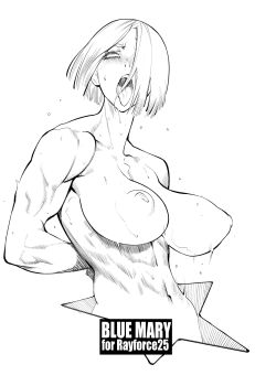 1girl abs ahegao bare_shoulders blonde_hair blue_mary bob_cut bound bound_wrists breasts burustandin commentary completely_nude english_commentary fatal_fury greyscale highres inverted_nipples large_breasts monochrome muscular muscular_female navel nipples nude sagging_breasts short_hair snk solo the_king_of_fighters