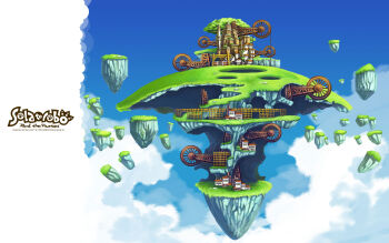 building cloud copyright_logo floating_island grass highres house little_tail_bronx logo no_humans official_art scenery sky solatorobo tanimeso town tree wheel