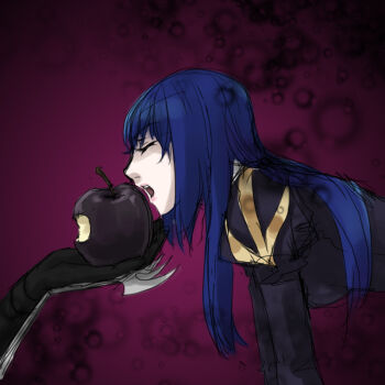 1boy 1girl apple assassin_cross_(ragnarok_online) black_dress black_gloves blue_hair closed_eyes commentary_request dress food food_bite fruit gloves holding holding_food holding_fruit juliet_sleeves long_hair long_sleeves open_mouth priest_(ragnarok_online) puffy_sleeves purple_background ragnarok_online solo_focus toriria upper_body