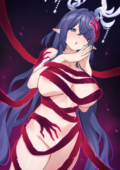 1girl areola_slip bandages black_background blue_hair blush breasts commentary covered_erect_nipples covering_privates english_commentary genshin_impact green_eyes green_nails hair_over_one_eye halloween highres kangbus large_breasts lauma_(genshin_impact) long_hair long_pointy_ears looking_at_viewer naked_bandage open_mouth pointy_ears simple_background solo