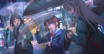 3girls ;d absurdres awa_subaru backpack bag black_bag black_hair blue_eyes blunt_bangs blush bow bowtie brown_hair chinese_commentary city_lights coat commentary_request girls_band_cry highres holding holding_umbrella iseri_nina jacket kawaragi_momoka long_sleeves looking_at_another looking_at_viewer multiple_girls night one_eye_closed open_clothes open_jacket open_mouth outdoors parted_bangs pleated_skirt purple_eyes rain red_bow red_bowtie road_sign ryuukou short_twintails sign skirt smile twintails umbrella