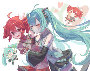 2girls ahoge belt black_skirt black_sleeves black_thighhighs blue_belt blue_hair blue_nails blue_necktie blush bow bread breasts buttons chibi closed_eyes collared_shirt detached_sleeves double-breasted drill_hair fingernails flat_chest food grey_jacket grey_skirt hair_between_eyes hair_bow hair_ornament hair_ribbon hand_on_another&#039;s_face hatsune_miku highres jacket kasane_teto kasane_teto_(sv) layered_skirt layered_sleeves long_hair looking_at_another looking_at_viewer medium_breasts mikazuki123457 miniskirt multiple_girls musical_staff musical_staff_print necktie open_mouth puckered_lips red_eyes red_hair red_skirt red_tattoo red_trim ribbon shirt shoulder_tattoo sideways sideways_glance simple_background skirt skirt_set sleeveless sleeveless_shirt small_breasts smile spring_onion striped_clothes striped_jacket striped_skirt sweatdrop synthesizer_v tattoo thighhighs twin_drills twintails utau very_long_hair vocaloid white_bow white_ribbon wing_collar zettai_ryouiki