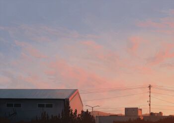 alu.m_(alpcmas) blue_sky building cloud cloudy_sky commentary_request evening lamppost no_humans original outdoors power_lines scenery signature sky urban utility_pole