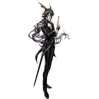 Rule 34 | 1boy, animal ears, arknights, ascot, belt, black hair, black jacket, black pants, black shoes, black suit, conductor baton, ebenholz (arknights), epaulettes, flute, formal clothes, full body, goat ears, goat horns, goat tail, hair between eyes, holding, holding instrument, horns, instrument, jacket, long hair, long sleeves, looking at viewer, low ponytail, male focus, official art, pants, ponytail, purple eyes, ryuuzaki ichi, scabbard, sheath, sheathed, shirt, shoes, solo, standing, suit, sword, tail, third-party source, transparent background, very long hair, weapon, white ascot