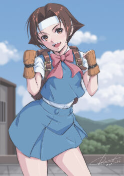 Rule 34 | 1girl, :d, absurdres, blue shirt, blue skirt, bow, brown eyes, brown gloves, brown hair, clenched hands, cloud, day, gloves, headband, highres, justice gakuen, looking at viewer, mixed-language commentary, open mouth, outdoors, pink bow, rooftop, school uniform, shirt, short hair, short sleeves, signature, skirt, smile, standing, taiyou gakuen uniform, tree, tyanoki, wakaba hinata, white headband, white shirt