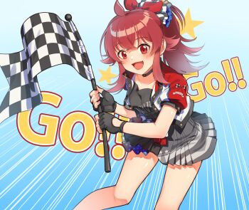1girl alternate_hairstyle black_gloves blue_background checkered_flag commentary dress emphasis_lines english_text fingerless_gloves flag gloves grey_dress hair_ribbon hair_up holding holding_flag idolmaster idolmaster_shiny_colors jacket kamille_(vcx68) komiya_kaho leaning_forward long_hair looking_at_viewer open_mouth pleated_dress ponytail race_queen red_eyes red_hair red_jacket red_ribbon ribbon short_dress short_sleeves smile solo standing star_(symbol) text_background