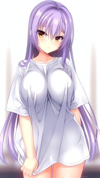 Rule 34 | 1girl, alternate costume, arm behind back, blurry, blurry background, blush, boyfriend's shirt, breasts, closed mouth, commentary request, covered erect nipples, cowboy shot, eyes visible through hair, furrowed brow, hair between eyes, hair down, hair over shoulder, highres, irori (irorixc), large breasts, limelight lemonade jam, long hair, looking at viewer, oversized clothes, oversized shirt, paid reward available, purple hair, saen nayuka, shirt, shirt tug, short sleeves, sidelocks, signature, simple background, solo, straight hair, very long hair, white background, wide sleeves, yellow eyes