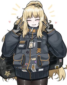 1girl absurdres badge black_pantyhose blonde_hair closed_eyes coat commentary double_v ezra_(project_moon) facing_viewer gloves grey_coat grey_gloves heart high_ponytail highres id_card limbus_company long_hair mitama_nyan open_mouth pantyhose ponytail project_moon sidelocks simple_background smile solo standing star_(symbol) symbol-only_commentary v very_long_hair white_background