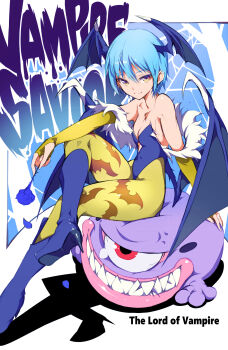 Rule 34 | 1girl, absurdres, alternate color, animal print, bare shoulders, bat print, bat wings, blue flower, blue hair, blue rose, boots, breasts, bridal gauntlets, brown eyes, character name, cleavage, commentary request, cosplay, crossed legs, crossover, darkstalkers, demon girl, elbow gloves, flower, gloves, head wings, high heels, highres, holding, holding flower, ichizen (o tori), knee boots, le malta, leotard, lilith (darkstalkers), looking at viewer, monster, one-eyed, pantyhose, print pantyhose, red eyes, rose, short hair, sitting, sitting on person, small breasts, smile, solo, tears, teeth, wings, yellow eyes