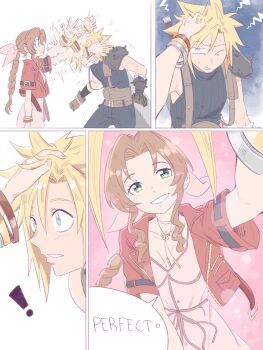 ! 1boy 1girl aerith_gainsborough armor bandaged_arm bandages belt bervens12 black_pants black_shirt blonde_hair blue_eyes bracelet braid braided_ponytail breasts brown_belt brown_hair buster_sword choker clenched_teeth cloud_strife dress english_text final_fantasy final_fantasy_vii final_fantasy_vii_rebirth final_fantasy_vii_remake flower_choker furrowed_brow gold_bangle green_eyes hair_between_eyes hair_ribbon hand_in_another's_hair hand_on_another's_head hetero highres jacket jewelry light_blush long_hair looking_at_another medium_breasts multiple_belts multiple_bracelets one_eye_closed pants parted_bangs parted_lips pauldrons pink_dress pink_ribbon red_jacket ribbed_shirt ribbon shirt short_hair shoulder_armor sidelocks silver_bangle single_bare_shoulder single_braid single_pauldron sleeveless sleeveless_turtleneck suspenders sweatdrop sword sword_on_back teeth turtleneck weapon weapon_on_back