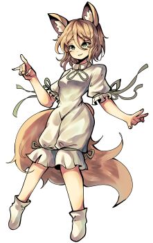 Rule 34 | 1girl, absurdres, animal ears, blonde hair, commentary, dot nose, fox ears, fox girl, fox shadow puppet, fox tail, frilled sleeves, frills, full body, green eyes, green ribbon, hair between eyes, highres, kudamaki tsukasa, open mouth, ribbon, romper, short hair, short sleeves, simple background, sleeve ribbon, smile, socks, solo, tail, touhou, user jnhm8724, white background, white romper, white socks