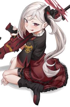 1girl absurdres black_boots black_jacket blue_archive blush boots commentary_request frilled_skirt frills grey_hair h&amp;k_mg5 hair_ornament highres jacket long_hair looking_at_viewer mikazon mixed-language_commentary mutsuki_(blue_archive) plaid_clothes plaid_skirt red_ribbon red_skirt ribbon school_uniform shadow short_sleeves simple_background sitting skirt smile solo tongue tongue_out wariza white_background wide_sleeves