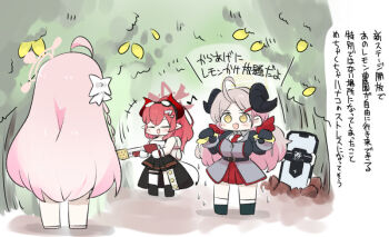 +++ 3girls :d ^_^ ahoge black_boots black_skirt blue_archive blush_stickers boots breasts brown_eyes brown_hair chibi closed_eyes collared_shirt eighth_note fang food fruit grey_jacket gun hair_ornament hairclip halo hanako_(blue_archive) holding holding_food holding_gun holding_weapon horns izumi_(blue_archive) jacket large_breasts lemon long_hair megu_(blue_archive) miranofuudoria multiple_girls musical_note necktie open_mouth pink_hair pleated_skirt ponytail red_hair red_necktie red_skirt riot_shield shield shirt skirt smile socks tank_top translation_request v-shaped_eyebrows very_long_hair weapon white_shirt white_socks white_tank_top