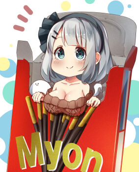 1girl :3 absurdres alternate_breast_size_(larger) alternate_costume alternate_hairstyle black_hairband black_skirt blue_eyes blush bow_hairband box brand_name_imitation breast_rest breasts brown_sweater cable_knit carried_breast_rest carrying cleavage closed_mouth commentary_request food grey_hair hair_ornament hairband hairclip highres hitodama in_box in_container konpaku_youmu konpaku_youmu_(ghost) large_breasts mini_person minigirl notice_lines off-shoulder_sweater off_shoulder oppai_loli parallel_hairclips pegashi pocky raised_eyebrows shiny_skin short_hair skirt smile solo sweater touhou wispy_bangs