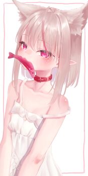 1girl absurdres alternate_hair_length alternate_hairstyle animal animal_ears bare_shoulders belt_collar blunt_bangs blush bob_cut breasts cat_ears collar collarbone dress dutch_angle extra_ears fangs fish grey_hair highres holding holding_animal holding_fish lace_trim looking_at_viewer makaino_ririmu makaino_ririmu_(3rd_costume) medium_hair mouth_hold multicolored_hair nanome_to nijisanji pointy_ears red_collar red_eyes red_streaks sidelocks simple_background skin_fangs sleeveless sleeveless_dress small_breasts smile solo standing strap_slip streaked_hair sundress two-tone_hair upper_body v_arms virtual_youtuber white_background white_dress