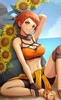 >:) 1girl absurdres arm_up armpits bare_arms bare_shoulders beach bike_shorts bikini bikini_top_only black_shorts blue_sky bow breasts cleavage clothes_around_waist collarbone day feet feet_out_of_frame female_focus fingerless_gloves fire_emblem fire_emblem:_three_houses fire_emblem_heroes flower furrowed_brow gloves gonzarez grin highres holding holding_sword holding_weapon jewelry knee_pads leonie_pinelli leonie_pinelli_(summer) looking_at_viewer medium_breasts midriff navel necklace nintendo official_alternate_costume orange_bikini orange_eyes orange_hair orange_sandals outdoors parted_lips red_eyes red_hair rock sandals short_hair shorts single_knee_pad sitting sky smile solo stomach sunflower sweat sweatdrop swimsuit sword toes v-shaped_eyebrows weapon yellow_flower