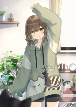 1girl animal arm_up black_cat black_shorts blurry blurry_foreground brown_hair cactus cat closed_mouth collarbone colored_inner_hair commentary_request curtains day depth_of_field drawstring eighth_rest flower green_eyes green_hair green_hoodie highres hood hood_down hoodie indoors long_sleeves looking_at_viewer miko_fly multicolored_hair original plant potted_plant puffy_long_sleeves puffy_sleeves shelf shorts signature sleeves_past_wrists smile solo standing sunlight two-tone_hair window yellow_flower
