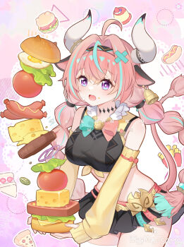 1girl ahoge animal_ears aqua_hair bell black_skirt braid breasts bright_pupils burger cheese commentary_request cow_ears cow_girl cow_horns cow_tail cowbell cowboy_shot detached_sleeves food fried_egg genshin_impact hairband highres holding holding_burger holding_food horns hot_dog laaaaaaaa large_breasts long_hair multicolored_hair open_mouth pink_hair purple_eyes single_thighhigh skirt sleeves_past_wrists solo stomach streaked_hair tail thighhighs tomato too_much_burger too_much_food twin_braids varesa_(genshin_impact) yellow_sleeves