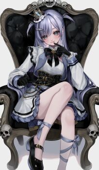 Rule 34 | 1girl, absurdres, ankle bow, ankle ribbon, belt, black belt, black bow, black bowtie, black gloves, black shoes, blue hair, bow, bowtie, chain, chair, closed mouth, collared dress, commentary, crown, dress, earrings, english commentary, frilled dress, frills, gloves, green eyes, hair ornament, hand up, highres, jewelry, leg up, light smile, long hair, long sleeves, looking at viewer, on chair, pointing at mouth, rereet t, ribbon, shoes, single hair intake, sitting, skull, solo, text hair ornament, thighs, tongue, tongue out, two side up, vspo!, white background, white dress, yano kuromu