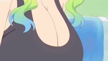 1boy 3girls anime_screenshot between_breasts blindfold blonde_hair blue_eyes blush bouncing_breasts breast_focus breast_smother breasts brown_hair closed_eyes dragon_girl dragon_horns embarrassed exercising face_between_breasts face_to_breasts goddes green_hair head_between_breasts hood hoodie horns huge_breasts intermission jacket jogging jump_rope jumping kobayashi-san_chi_no_maidragon leash lucoa_(maidragon) midriff monster_girl multicolored_hair multiple_girls orange_eyes outdoors pants park purple_eyes purple_hair red_eyes running shorts sit-up solo sports_bra squatting tohru_(maidragon) yellow_eyes