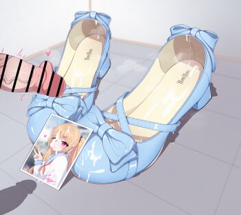 absurdres artist_name bar_censor blonde_hair blue_footwear blush censored cum cum_in_footwear cum_on_clothes cum_on_picture cum_tribute cumtribute ejaculation floor high_heels highres long_hair mary_janes original penis photo_(object) red_eyes school_uniform serafuku shoes signature smell smile twintails v yao_(pixiv9482697)