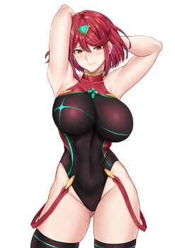 1girl absurdres armpits arms_up bare_shoulders bob_cut breasts cameltoe chest_jewel competition_swimsuit covered_navel deroo gem highres large_breasts looking_at_viewer one-piece_swimsuit pyra_(pro_swimmer)_(xenoblade) pyra_(xenoblade) red_eyes short_hair solo standing swept_bangs swimsuit thighhighs two-tone_swimsuit white_background xenoblade_chronicles_(series) xenoblade_chronicles_2