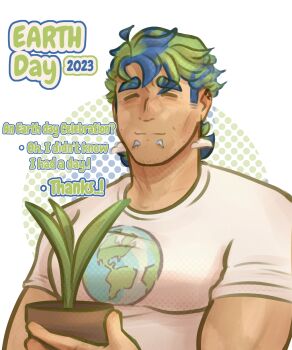 Rule 34 | 1boy, artist request, bara, earth-chan, earth-san, earth (planet), earth day, earth print, english text, face piercing, facial hair, genderswap, genderswap (ftm), green hair, highres, holding, light smile, lip piercing, male focus, multicolored hair, muscular, muscular male, original, pectorals, piercing, planet, plant, potted plant, print shirt, shirt, short hair, sideburns stubble, solo, sparse stubble, stubble, t-shirt, thick eyebrows, two-tone hair