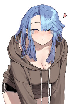 1girl :o absurdres blue_hair blush breasts brown_hoodie cleavage closed_eyes commentary_request doctor_(shady_research_report) dolphin_shorts ganggohan hair_over_one_eye heart highres hood hoodie korean_commentary large_breasts long_hair scales shady_research_report shorts simple_background solo sweatdrop white_background