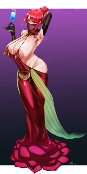 1girl areola_slip arm_behind_head armpits black_collar black_gloves black_panties blush breasts cleavage cocktail_dress collar commission detached_collar dress drink earrings ebi_(il14021) elbow_gloves flower gloves hair_bun hair_up highleg highleg_panties holding holding_drink hongryeon_(last_origin) huge_breasts jewelry lace lace_collar lace_gloves last_origin lips lowleg mole mole_under_eye mouth_veil navel nipple_slip nipples panties pinky_out purple_background purple_eyes red_dress red_hair revealing_clothes rose see-through_clothes see-through_veil sideless_dress single_hair_bun skeb_commission skindentation smile solo standing underwear updo veil wide_hips