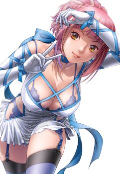 1girl braid breasts cleavage commentary_request covered_erect_nipples elbow_gloves garter_belt garter_straps gloves highres large_breasts leaning_forward lingerie looking_at_viewer orange_eyes original pink_hair ponytail revealing_clothes ribbon smile solo thighhighs underwear v yui_toshiki
