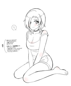 Rule 34 | 1girl, ?, aged up, bare shoulders, barefoot, blush, breasts, camisole, choker, cleavage, closed mouth, collarbone, commentary request, daleka333, full body, hair over one eye, highres, large breasts, looking at viewer, love live!, love live! nijigasaki high school idol club, mia taylor, short shorts, shorts, simple background, sitting, smile, solo, speech bubble, spoken question mark, spot color, strap slip, translation request, wariza, white background