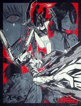 1boy 1girl alternate_form angel_devil_(chainsaw_man) apron battle beam_(chainsaw_man) bomb_devil_(chainsaw_man) chainsaw chainsaw_man character_background denji_(chainsaw_man) dynamite elbow_gloves explosive gloves hayakawa_aki highres machipachi1901 makima_(chainsaw_man) navel object_head panties pants reze_(chainsaw_man) sharp_teeth shirt teeth underwear