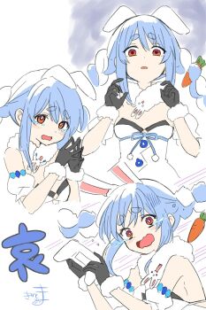 1girl animal_ears bare_shoulders black_gloves black_leotard blue_hair braid breasts brown_eyes carrot_hair_ornament commentary_request controller detached_sleeves don-chan_(usada_pekora) dress ears_down food-themed_hair_ornament fur-trimmed_gloves fur_trim game_controller gloves hair_between_eyes hair_ornament highres holding holding_controller holding_game_controller hololive kiritoma leotard multicolored_hair multiple_views no_pupils open_mouth parted_lips puffy_short_sleeves puffy_sleeves rabbit-shaped_pupils rabbit_ears short_eyebrows short_sleeves signature small_breasts steepled_fingers strapless strapless_dress strapless_leotard symbol-shaped_pupils tears thick_eyebrows translation_request twin_braids twintails two-tone_hair usada_pekora usada_pekora_(1st_costume) virtual_youtuber wavy_mouth white_dress white_hair white_sleeves