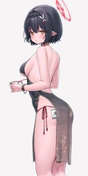 1girl absurdres alternate_costume ass ayane_(blue_archive) backless_dress backless_outfit bad_id bad_twitter_id bare_shoulders black_dress black_hair blue_archive breasts china_dress chinese_clothes commentary dress unworn_eyewear flower from_behind glasses grey_background hair_flower hair_ornament halo halter_dress halterneck highres holding holding_removed_eyewear looking_at_viewer medium_breasts p00nipooni panties pointy_ears red_panties see-through_clothes see-through_dress short_hair side-tie_panties side_slit sideboob sidelocks simple_background sleeveless sleeveless_dress solo string_panties thighs underwear yellow_eyes