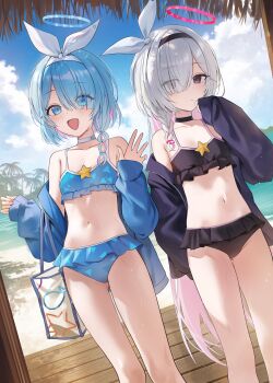 2girls :d absurdres arona_(blue_archive) bag bare_legs bare_shoulders beach bikini black_bikini black_choker black_jacket blue_archive blue_bikini blue_choker blue_eyes blue_hair blue_halo blue_jacket blue_sky blush braid choker closed_mouth cloud collarbone commentary frilled_bikini frills grey_eyes hair_ornament hair_over_one_eye hair_over_shoulder halo hand_up highres jacket long_hair long_sleeves multiple_girls navel ocean off_shoulder okkimon open_mouth outdoors panties petite pink_halo plana_(blue_archive) short_hair single_braid sky sleeves_past_fingers sleeves_past_wrists smile standing star_(symbol) stomach swimsuit thighs underwear untranslatable_commentary very_long_hair waving wet white_choker white_hair zipper