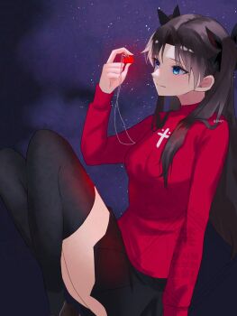 1girl absurdres artist_name b5nbqin black_bow black_skirt black_thighhighs blue_eyes bow breasts brown_hair brown_shoes closed_mouth commentary_request cross cross_print eyelashes fate/stay_night fate_(series) feet_out_of_frame from_side gem hair_bow hand_up highres holding holding_jewelry jewelry long_hair long_sleeves looking_at_object medium_breasts necklace parted_bangs pleated_skirt puffy_long_sleeves puffy_sleeves purple_background red_gem red_sweater shoes sitting skirt smile solo star_(sky) starry_sky_background sweater thighhighs tohsaka_rin turtleneck turtleneck_sweater two_side_up watermark