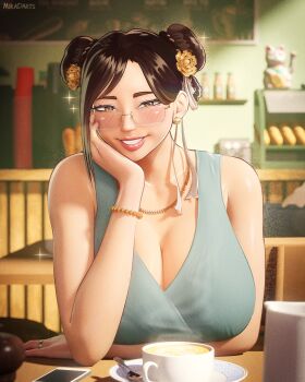 1girl absurdres alternate_costume alternate_hairstyle artist_name bare_shoulders beads bespectacled blush bracelet breast_rest breasts breasts_on_table brown_eyes brown_hair bun_cover capcom cellphone chun-li cleavage coffee coffee_mug commentary cup double_bun dress earrings english_commentary flower glasses grin hair_bun hair_flower hair_ornament hair_ribbon hand_on_own_cheek hand_on_own_face head_rest highres huge_breasts indoors jewelry large_breasts lips looking_at_viewer makeup mature_female mika_dawn mug necklace pearl_earrings phone pov_across_table restaurant ribbon ring saucer sitting sleeveless smartphone smile solo sparkle street_fighter table teacup white_ribbon