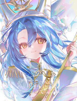 1girl blue_hair blush closed_mouth cloud commission dengxin_xiao_rong epaulettes eyelashes floating_hair hair_between_eyes hat highres long_hair long_sleeves looking_to_the_side mihuashi_commission original parted_bangs sidelocks smile solo star_(symbol) upper_body watermark white_hat yellow_eyes