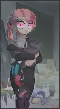 1girl bag bed black_bag bowl cellphone chopsticks closed_mouth coin commentary computer curtains earbuds earphones eyelashes eyes_visible_through_hair gashi-gashi glasses glasses_case highres holding holding_bag hugging_object indoors laptop long_eyelashes long_hair looking_at_viewer mirror office_lady original pantyhose phone pillow pink_eyes pink_hair plastic_bag reflection smartphone solo standing symbol-only_commentary table trash_can used_tissue zipper_pull_tab