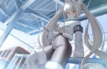 1girl black_pantyhose blanc_(fortune_express)_(nikke) blanc_(nikke) boots breasts cellphone coat commentary english_commentary flip_phone goddess_of_victory:_nikke highres holding holding_phone jmc5221 long_hair looking_at_viewer medium_breasts official_alternate_costume official_alternate_hairstyle panties panties_under_pantyhose pantyhose phone smile solo train train_station twintails underwear very_long_hair white_boots white_coat white_hair winter_clothes winter_coat yellow_eyes