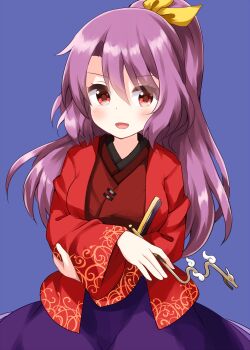 Rule 34 | 1girl, blue background, blush, bow, commentary request, folding fan, hair between eyes, hand fan, highres, holding, holding smoking pipe, japanese clothes, kimono, komakusa sannyo, long hair, long sleeves, one-hour drawing challenge, open mouth, ponytail, purple hair, purple skirt, red eyes, red kimono, ruu (tksymkw), skirt, smoking pipe, solo, touhou, yellow bow