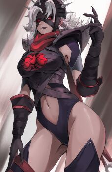 1girl absurdres armor bandaged_head bandages black_leotard black_sclera breasts clothing_cutout colored_sclera cowboy_shot fantastic_four grey_background grey_hair hand_up highleg highleg_leotard highres large_breasts leotard looking_at_viewer malice_(sue_storm) marvel marvel_rivals navel navel_cutout parted_lips pauldrons pingfan_de_mao red_eyes shoulder_spikes solo spiked_armor spiked_helmet spiked_pauldrons spikes sue_storm teeth two-tone_background white_background