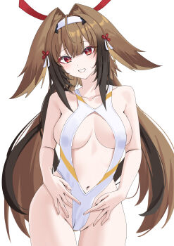 1girl absurdres amaama_(beccyonaika1) animal_ears black_hair breasts breasts_apart brown_hair center_opening commentary_request cowboy_shot double-parted_bangs droopy_ears fox_ears fox_girl hair_intakes hairband highres light_blush long_hair looking_at_viewer medium_breasts multicolored_hair navel red_eyes simple_background solo teeth white_background white_hairband ye_shunguang zenless_zone_zero