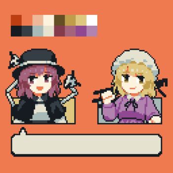 2girls black_capelet black_hat black_ribbon black_skirt blank_speech_bubble blonde_hair capelet color_guide commentary dress fourth_wall hat maribel_hearn mechanical_arms mob_cap multiple_girls neck_ribbon open_mouth orange_background pixel_art purple_dress purple_eyes purple_hair ribbon shirt skirt smile speech_bubble touhou usami_renko wasabisuke white_hat white_shirt yellow_eyes